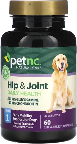 Petnc Level-1 Suplemento de salud de cadera y articulaciones para perros jóvenes (60 unidades), 500 mg de glucosamina, 100 mg de condroitina, 10 mg