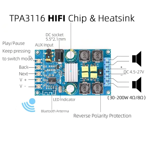 Vista 2 de DAMGOO - Placa amplificador Bluetooth de 50 W + 50 W, 2 canales, adecuada para altavoces retrofit y altavoces Bluetooth, fácil instalación y sin