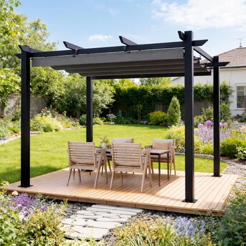 Vista 15 de MELLCOM Pérgola para exteriores de 10 x 10 pies, refugio independiente de metal con parasoles laterales ajustables, toldo para patios, patio Beige