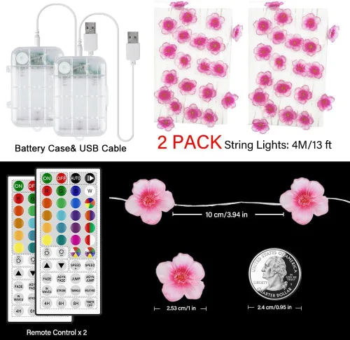Vista 2 de Paquete de 2 Luces de Cadena Operadas por Batería para Interiores, Luces de Dormitorio de Flor de Cerezo de 13 pies, Luces de Flores que Cambian