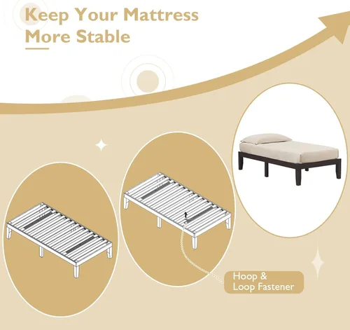 Vista 74 de COSTWAY Marco de cama de plataforma tamaño King, base de colchón de madera de goma maciza de 14 pulgadas con soporte de listones resistentes, marco