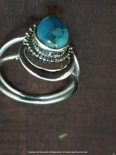 Vista 4 de Anillo azul de cobre turquesa, plata de ley 925, anillo en forma de media luna, anillo de dos bandas, Boho Chic, joyería de boda de promesa, anillo