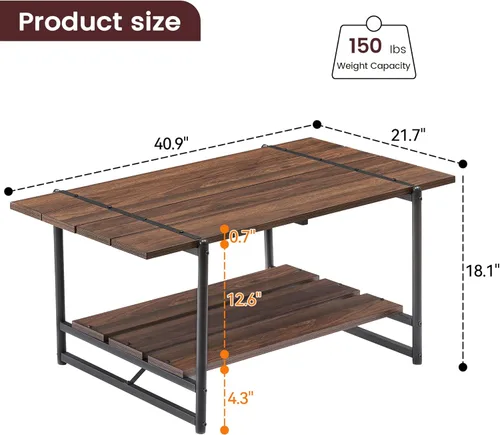 Vista 2 de 2-Tier Modern Industrial 41'' Large Wood Coffee Table with Storage Shelf - Rustic Metal Rectangle Center Living Room Coffee Table Accent Furniture