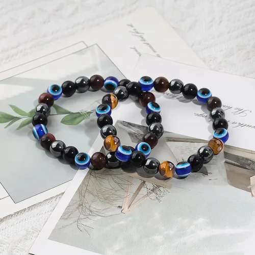 Vista 6 de Pulsera de triple protección, pulsera de mal de ojo CARPDIM y obsidiana negra con cuentas de mal de ojo para hombres y mujeres, pulseras curativas