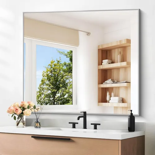 Vista 51 de DESBING Espejo de Baño de 30" x 36", Espejo de Pared Negro Mate con Marco de Metal, Espejo Rectangular Decorativo de Tocador para Dormitorio Baño
