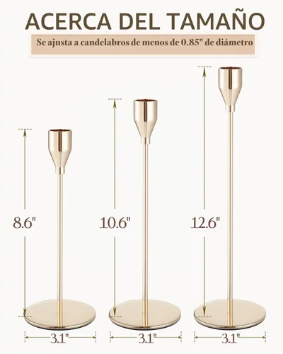 Vista 6 de Juego de 3 portavelas cónicos, juego de 3 portavelas de latón dorado, centro de mesa decorativo moderno vintage para mesa de boda