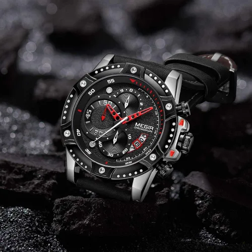 Vista 7 de MEGIR Reloj analógico de cuarzo para hombre con correa de cuero de cara grande para deportes 2130