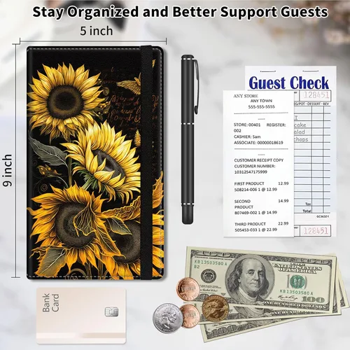 Vista 2 de Server Book,Waitress Book,5x9 Inch Server Books for Waitress & Waiter, Cute PU Leather Serving Book Guest Check Presenters Organizer with Zipper