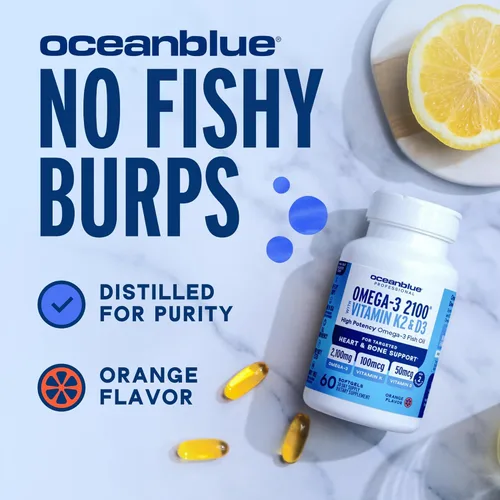 Vista 5 de Oceanblue Omega-3 2100 Profesional con Vitamina K2 y Vitamina D3-60 Unidades – Suplemento omega-3 de aceite de pescado sin eructos de Triple