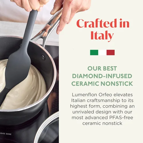 Vista 2 de Orfeo 2.4QT Cacerola antiadherente con tapa, fabricada en Italia, olla de cerámica de diamante sin PFAS, lista para inducción, resistente a
