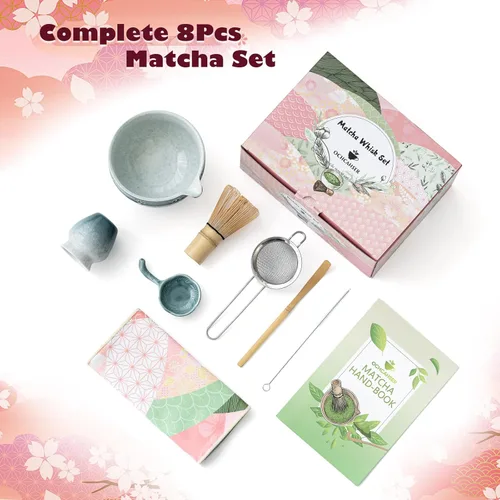 Vista 2 de Juego de té Matcha, kit japonés de 8 piezas con cuenco cerámico de diseño de flores de cerezo y olas, batidor de bambú, soporte para batidor