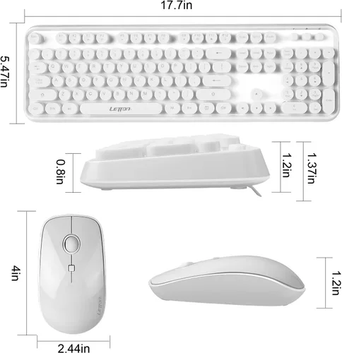 Vista 2 de Combo de teclado y mouse de máquina de escribir retro blanco, bonito teclado inalámbrico con teclas redondas retro, 2.4 GHz, teclado cremoso