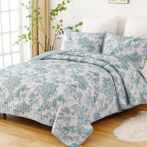 Vista 11 de WONGS BEDDING Juego de edredón azul tamaño individual, juego de 2 piezas de colchas botánicas de microfibra ligera con patrón de plantas de toile