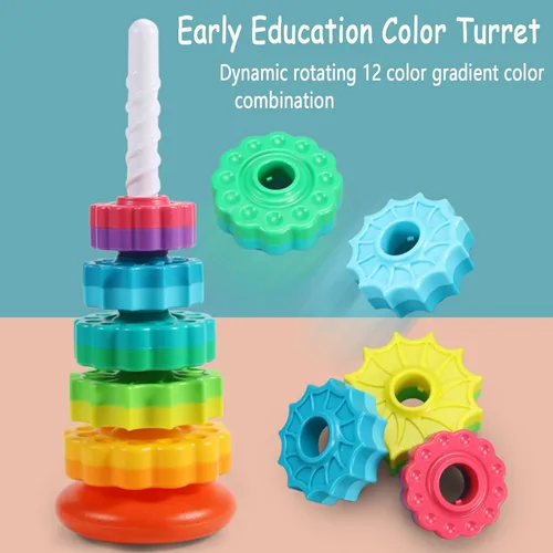 Vista 4 de Juguetes de apilamiento giratorios para bebés, anillos de apilamiento de plástico ABS con diseño de arco iris de colores para bebés de 6 a 12 meses