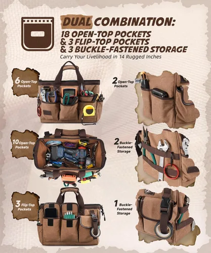 Vista 6 de ARCFOX Bolsa de herramientas portátil de 14 pulgadas para electricistas con 21 bolsillos - Bolsas de herramientas de lona resistente de 16OZ