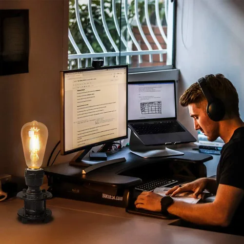 Vista 4 de Lámpara de mesa Steampunk con base de metal marrón dorado pequeñas lámparas de escritorio industriales para dormitorio, oficina, sala de estar