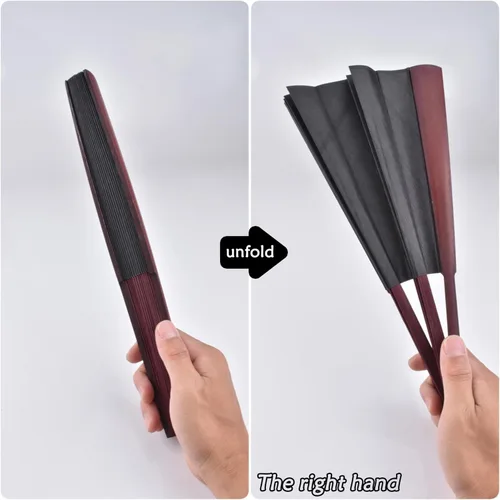 Vista 3 de Ventilador plegable, fanáticos de las artes chinas de mano, abanicos de mano de papel duro de bambú con una funda de tela para decoraciones de Negro