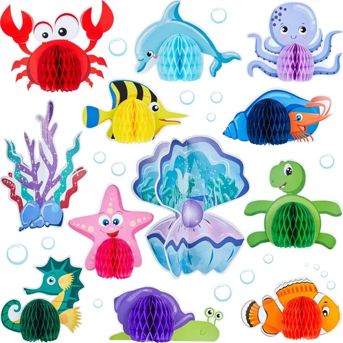 WILLBOND Centro de mesa de panal bajo el mar, 12 piezas con temática del océano, decoración de mesa de fiesta con animales del océano, criatura de