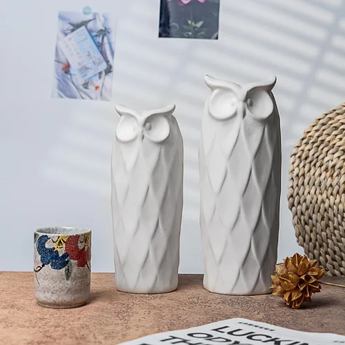 Vista 8 de Juego de 2 jarrones de cerámica con diseño de búho para sala de estar, dormitorio, 9.45'' y 8.27'', jarrones modernos blancos para plantas y flores
