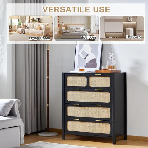 Vista 8 de LEVNARY Cómoda de 4 cajones para dormitorio, cajones de ratán con asas de metal, cómoda de madera para dormitorio, entrada, sala de estar, pasillo