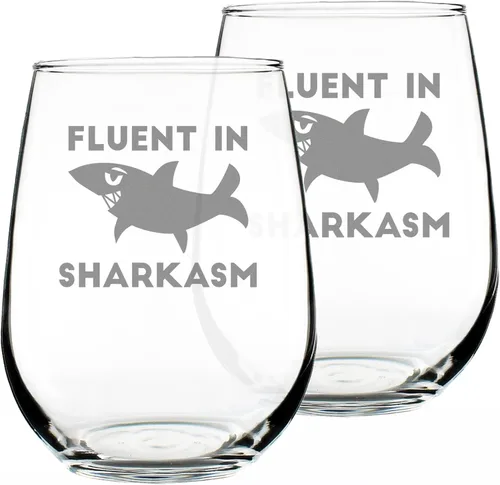 Vista 7 de Custom Fluent in Sharkasm - Shark Personalized Stemless Wine Glass Gifts for Sarcastic Mom or Dad Joke Experts - Funny Glasses with Sayings for