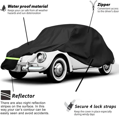 Vista 2 de YIXIN Fundas impermeables para coche para Volkswagen Beetle Bug Sedan 1960-1980, cubiertas de coche 190T, ajuste al cliente, correa resistente al
