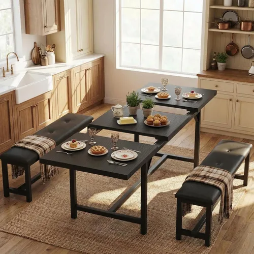 Vista 3 de GarveeHome Juego de mesa de comedor extensible de 5 piezas para 4-6, mesa de cocina y 2 bancos tapizados con protector de esquina de metal, juego