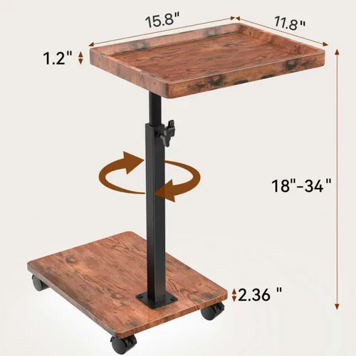 Vista 2 de Mesa auxiliar de mesa C de altura ajustable, mesa giratoria de 360° con ruedas, mesa pequeña para comer, cena, mesas auxiliares en forma de C, sala