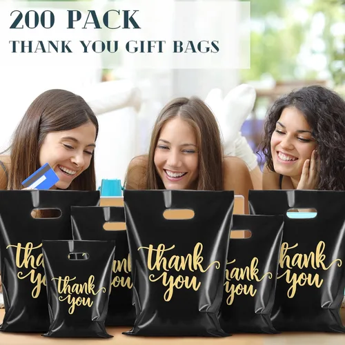 Vista 7 de Eersida 200 bolsas de plástico de agradecimiento con asas, bolsas de plástico troqueladas, bolsas de mercancía de compras a granel, 3 tamaños