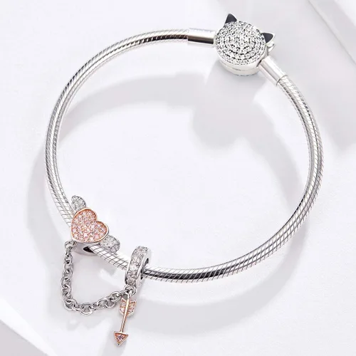 Vista 4 de Abalorio de plata de ley 925 con diseño de corazón auténtico, 100 % auténtico, para pulsera Pandora, collar de mujer, metal común, Abalorios de oro