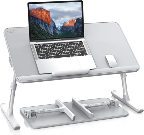 Vista 10 de SAIJI Escritorio de cuero para computadora portátil, bandeja para cama, soporte ajustable para computadora portátil, escritorio de pie ligero
