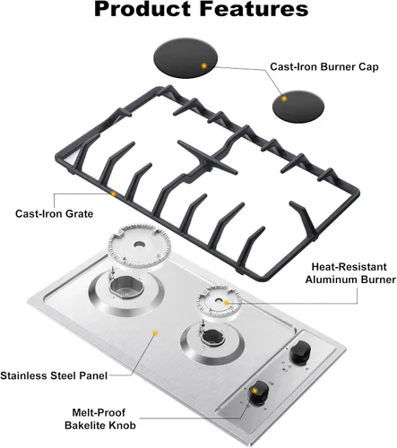 Vista 2 de Eascookchef - Placa de cocina de gas de 2 quemadores con protección de termopar - NG/LPG convertible de 30 cm (12 pulgadas) de acero inoxidable