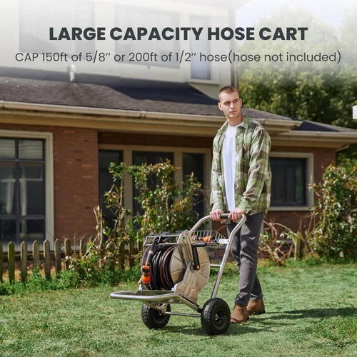 Vista 4 de Carro portamangueras de jardín Giraffe Tools con ruedas, carrito de manguera de agua de acero inoxidable resistente, capacidad de 200 pies de 1/2