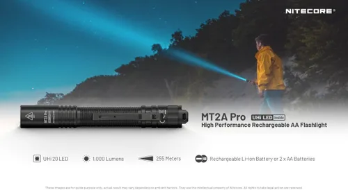 Vista 3 de Nitecore Linterna MT2A Pro EDC, 1000 lúmenes, haz de 279 yardas, recargable USB-C, doble potencia con compatibilidad AA, linterna delgada compacta e