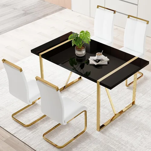 Vista 14 de Mesa de comedor Ebullient para 4, mesa de comedor rectangular negra de MDF, tapa de mesa de cena de mármol falso, mesa de comedor moderna con marco