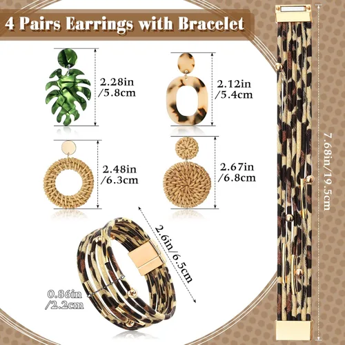 Vista 3 de Hicarer Beach Purse Earrings Set Straw Bag Vacation Purse with 4 Rattan Boho Tropical Earrings Leopard Bracelet