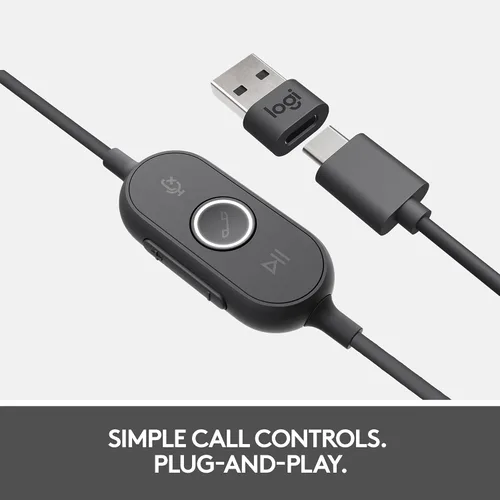Vista 4 de Logitech Zone 750 Auriculares con cable para la oreja con micrófono avanzado de cancelación de ruido, USB-C simple y adaptador USB-A incluido