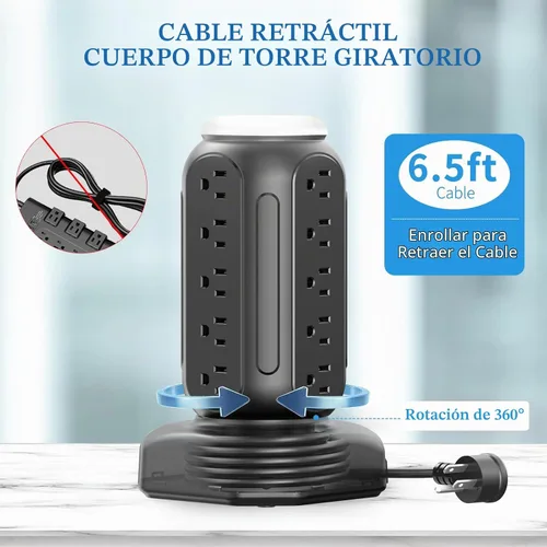 Vista 4 de Torre de regleta de múltiples salidas con luz nocturna colorida, 15 salidas de CA y 6 puertos USB en ayuno, cable de extensión de 6.5 pies Negro -PD