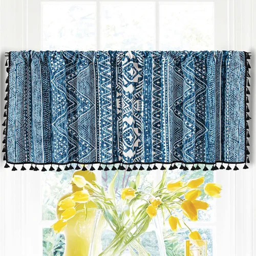 Vista 17 de Cortinas de lino con borlas bohemias para ventana, semiopacas, panel geométrico bohemio para sala de estar, cocina, cafetería, comedor, cenefas