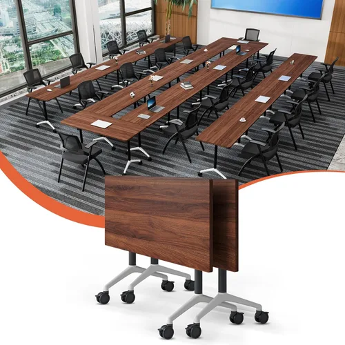 Vista 61 de Mesa de conferencias plegable con ruedas, mesa modular para sala de conferencias con 2 ojales para cables, mesas móviles de sala de reuniones