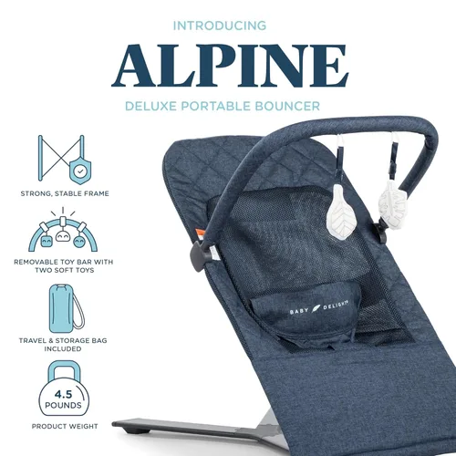 Vista 2 de Mecedora portátil Baby Delight Alpine Deluxe para bebés, 0 – 6 meses, tela acolchada en color índigo