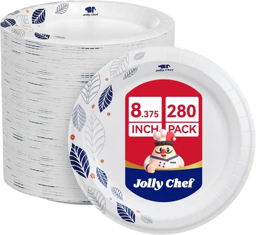 Vista 8 de JOLLY CHEF 140 platos de papel de 10 pulgadas, a prueba de remojo, a prueba de cortes, platos de papel desechables impresos de hojas resistentes
