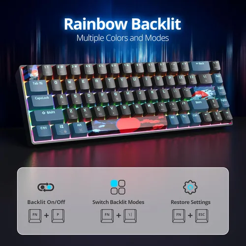 Vista 3 de Teclado mecánico 60% para juegos, 68 teclas, retroiluminación arcoíris, mini teclado compacto con cable con interruptor rojo para Windows Laptop