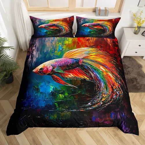 Vista 13 de Betta Fish - Juego de funda de edredón de peces tropicales, acuarela, animales marinos, algas marinas, coral submarino, vida marina (sin relleno)