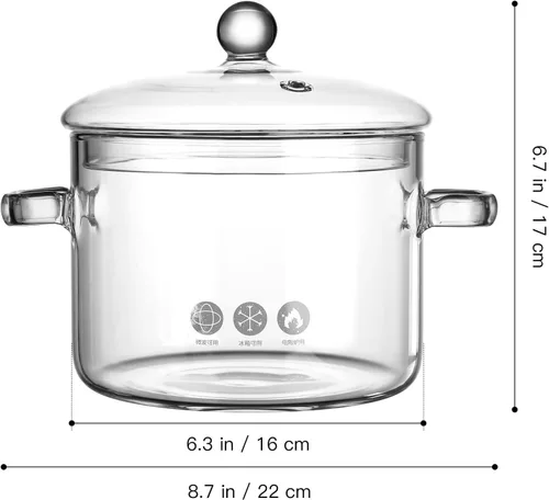 Vista 3 de Olla a fuego lento, olla de té de cristal con tapa para estufa, 64.2 fl oz, 66 onzas, cacerola de cocina transparente, cacerola de cereales