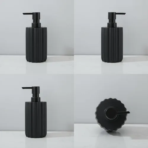 Vista 6 de Dispensador de jabón negro recargable líquido, dispensador de jabón de manos redondo a rayas verticales de 11.8 onzas líquidas con bomba de plástico