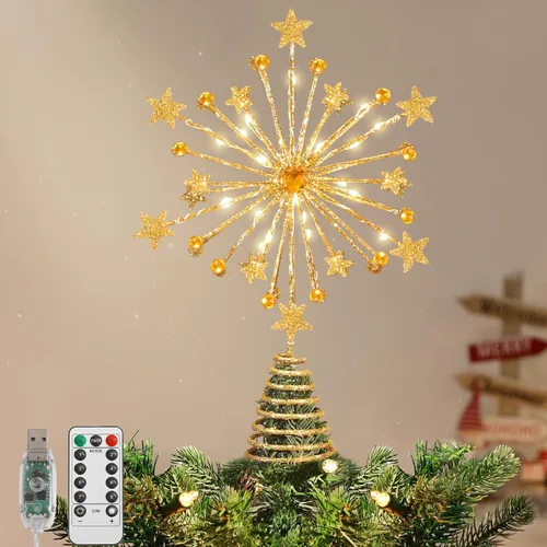 Vista 26 de Lewondr - Estrella para punta de árbol de Navidad de 15.35 pulgadas, 20 luces LED, USB y control remoto, diseño de estrella de Belén Polaris