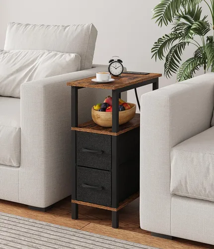 Vista 61 de VIMBER Juego de 2 mesas auxiliares con estación de carga, mesa auxiliar estrecha con puertos USB y tomas, mesitas de noche con estantes