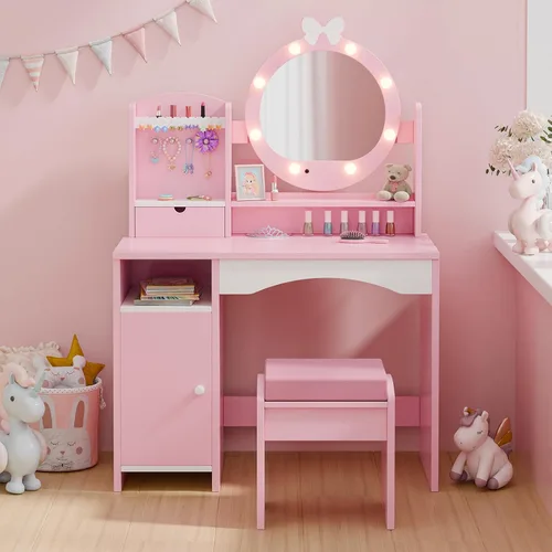 Vista 9 de MU Kids Juego de mesa y silla para tocador – Juego de tocador para niñas princesas con espejo, luces, almacenamiento para joyas y taburete Rosa