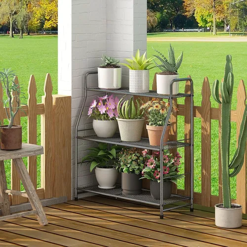 Vista 5 de Simple Trending Soporte para plantas al aire libre e interior, estante de metal impermeable de 3 niveles para sala de estar, balcón y jardín